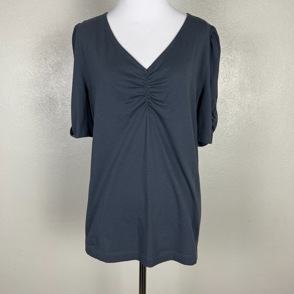 Loft Scrunch Ruched Top Womens XL Gray V-Neck Short Sleeve Cotton Tee Shirt